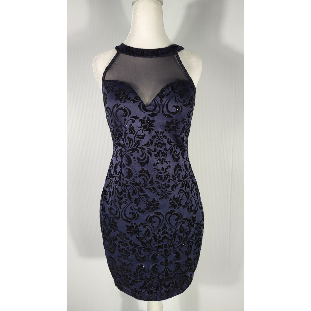 Honey & Rose Halter Mini Dress Party Cocktail Bodycon Floral Velvet Navy Blue‎